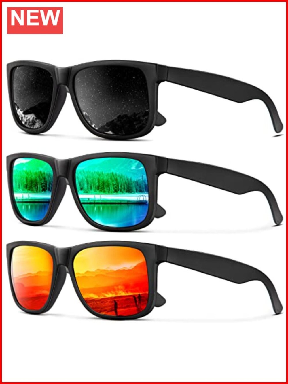 Polarized Sunglasses UV Protection Rectangular Full Frame Unisex 3 Pack